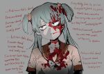  1girl bangs blood blood_on_clothes blood_on_face blood_splatter blue_hair english_text grey_background kamihama_university_affiliated_school_uniform kojima_terashi layered_sleeves long_hair long_sleeves looking_to_the_side lyrics magia_record:_mahou_shoujo_madoka_magica_gaiden mahou_shoujo_madoka_magica minami_rena school_uniform serafuku shirt short_over_long_sleeves short_sleeves short_twintails solo twintails white_shirt 