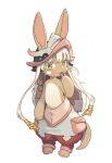  1other :3 animal_ears blush brown_fur commentary english_commentary fang full_body furry green_eyes grey_hair grey_pants hand_to_own_mouth hand_up heart helmet highres horizontal_pupils looking_at_viewer made_in_abyss multicolored_pants nanachi_(made_in_abyss) open_mouth opossumachine other_focus pants pink_pants red_pants short_hair_with_long_locks simple_background solo standing tail topless whiskers white_background 