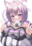  1girl :3 :d absurdres animal_ear_fluff animal_ears bangs bare_shoulders breast_rest breasts cat_ears cat_girl cat_tail choker crossed_bangs double_v food food_in_mouth hashira_14 highres hololive hood hoodie large_breasts looking_at_viewer medium_hair mouth_hold nekomata_okayu off_shoulder onigiri pants purple_eyes purple_hair short_hair simple_background sitting smile solo squatting sweatpants tail upper_body v virtual_youtuber white_background 