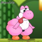  anthro axoarts big_butt black_clothing black_thong black_underwear butt clothing digital_media_(artwork) footwear half-closed_eyes male mario_bros narrowed_eyes nintendo on_ground pink_body pink_yoshi shoes solo squint standing thick_thighs thong tongue tongue_out underwear yoshi 