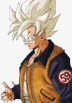  1boy blonde_hair commentary dragon_ball dragon_ball_z green_eyes highres jacket kakeru_(dbskakeru) male_focus orange_jacket signature smile solo son_goku super_saiyan super_saiyan_1 thumbs_up upper_body 