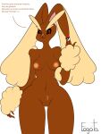  absurd_res anthro breasts brown_body dialogue female female/female fogata generation_4_pokemon genitals hi_res holding_object long_ears lopunny mammal nintendo nipples nude pokemon pokemon_(species) pussy red_eyes simple_background solo text white_background 