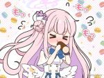 &gt;_&lt; 1girl bangs blue_archive blue_bow blush bow breasts cake capelet chibi closed_eyes closed_mouth commentary_request dress eating facing_viewer feathered_wings flower flying_sweatdrops food hair_bun hair_flower hair_ornament halo holding holding_food medium_breasts mika_(blue_archive) mitya nose_blush outline pink_hair polka_dot polka_dot_background purple_flower single_side_bun solo swiss_roll twitter_username v-shaped_eyebrows white_background white_capelet white_dress white_outline white_wings wings 