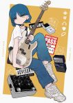  1girl absurdres bangs bass_guitar black_choker blue_hair bocchi_the_rock! character_name choker closed_mouth commentary_request denim ear_piercing earrings fender fender_precision_bass full_body gotou_hitori hair_ornament hairclip headphones headphones_removed highres holding holding_instrument ijichi_nijika instrument invisible_chair jeans jewelry kita_ikuyo looking_at_viewer mole mole_under_eye multiple_piercings o-ring o-ring_choker pants piercing plectrum shirt shoes short_hair short_sleeves simple_background sitting sneakers solo two-tone_background white_background white_footwear white_shirt yamada_ryou yellow_background yellow_eyes yuuho 