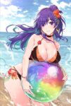  1girl alternate_costume bangs bikini black_bikini blush breasts choker cleavage fire_emblem fire_emblem:_three_houses fire_emblem_heroes fire_emblem_warriors:_three_hopes hair_bun hair_over_one_eye large_breasts long_hair looking_at_viewer medium_breasts miyazakit purple_eyes purple_hair shez_(female)_(fire_emblem) shez_(fire_emblem) simple_background single_hair_bun smile solo swimsuit water 