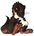  bone_in_mouth ceratosaurid ceratosaurus chewing_object chibi cultmastersleet dinosaur feral grim_(grimsaurus) growling male onomatopoeia reptile scalie sitting solo sound_effects text theropod 