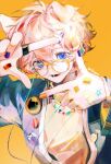  1boy absurdres alternate_costume alternate_hair_color animal_ears bishounen dog_boy dog_ears glasses highres jewelry male_focus open_mouth purple_eyes purple_nails ring sanrihedafa shoto_(vtuber) solo virtual_youtuber yellow_background 