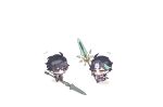  2boys :&lt; absurdres ahoge aqua_hair bangs black_eyes black_hair blue_pants blush blush_stickers chibi closed_mouth crossover danheng_(honkai:_star_rail) eyeshadow facial_mark forehead_mark full_body genshin_impact gloves green_hair hair_between_eyes highres holding holding_polearm holding_weapon honeymilk0252 honkai:_star_rail honkai_(series) looking_at_another makeup male_focus mihoyo multicolored_hair multiple_boys notice_lines pants parted_bangs polearm primordial_jade_winged-spear_(genshin_impact) red_eyeshadow shirt short_hair sidelocks simple_background standing weapon white_background white_shirt xiao_(genshin_impact) yellow_eyes 