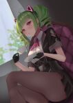  1girl ara1e bangs blurry blurry_background breasts character_request copyright_request green_hair hair_ornament highres large_breasts long_hair looking_at_viewer open_mouth pink_eyes shirt sitting skirt smile solo tagme 