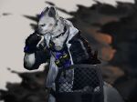  anthro arknights bandolier belt black_clothing black_hair black_jacket black_topwear clothed clothing collar ear_piercing eyebrow_piercing facial_piercing feet fingerless_gloves fully_clothed fur gloves grey_body grey_fur hair handwear holding_object holding_shield hyena hypergryph jacket male mammal piercing shield solo spot_(arknights) spots spotted_body spotted_fur spotted_hyena studio_montagne swkrqgefvm4pims topwear 