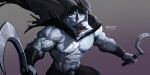  2023 5_fingers abs absurd_res anthro arm_wraps biceps black_cloak black_clothing black_nipples black_nose black_sclera body_hair bottomwear canid canine canis chest_hair cloak cloth clothed clothing death_(puss_in_boots) deltoids digital_media_(artwork) dreamworks dual_wielding fangs fingers fluffy fur genitals glistening glistening_body grey_background grey_body grey_fur grin hairy_body hi_res holding_object holding_weapon hood hooded_cloak humanoid_genitalia humanoid_penis looking_at_viewer male mammal multicolored_body multicolored_fur muscular muscular_anthro muscular_male nipples pants pecs penis pubes puss_in_boots_(film) puss_in_boots_the_last_wish red_eyes serratus sharp_teeth sickle signature simple_background smile solo sparkles suck-nis tail teeth topless triceps two_tone_body two_tone_fur vein veiny_muscles weapon wolf wraps 