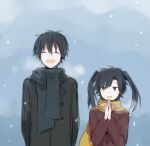  1boy 1girl aaniko alternate_costume arms_at_sides bangs black_eyes black_hair blunt_bangs breath brown_coat buttons coat day enomoto_takane facing_viewer grey_background grey_coat grey_scarf hair_between_eyes height_difference kagerou_project kokonose_haruka long_sleeves looking_at_another looking_to_the_side mekakucity_actors open_mouth outdoors own_hands_together pocket scarf short_hair sketch smile snowing twintails upper_body winter_clothes yellow_scarf 