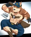  5_fingers anthro beard biceps body_hair brown_body brown_fur canid canine canis chest_hair clothing domestic_dog facial_hair fingerless_gloves fingers fur gloves green_eyes handwear hat headgear headwear hi_res kajimaru_0507 male mammal muscular muscular_anthro muscular_male nipples nugg police polidog_patrol simple_background solo whistle_(object) 