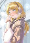  1girl absurdres ahoge alternate_costume blonde_hair blush breath coat duffel_coat earmuffs fur-trimmed_coat fur_trim hachimiya_meguru highres idolmaster idolmaster_shiny_colors looking_at_viewer outdoors snowing solo umirororo upper_body 