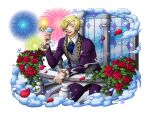  1boy ascot balcony blonde_hair blue_ascot cocktail_glass cup drinking_glass fireworks flower food formal fruit hair_over_one_eye holding holding_cup lemon lemon_slice official_art one_piece one_piece_treasure_cruise open_mouth petals red_flower red_rose rose rose_petals sanji_(one_piece) suit teeth upper_teeth_only violet_jacket violet_pants window 