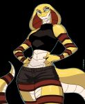  anthro belly_scales black_background blue_eyes bottomwear breasts clothed clothing eyelashes eyewear female fora glasses hands_on_hips hi_res hotpants looking_at_viewer navel reksukoy reptile round_glasses scales scalie shorts simple_background snake snake_hood solo topwear yellow_body yellow_scales 