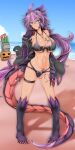  1girl ahoge bangs bare_shoulders beach bikini black_bikini black_jacket blue_eyes blue_sky blush breast_tattoo breasts claws cleavage closed_mouth cloud collarbone commentary_request dark-skinned_female dark_skin day dragon_girl dragon_horns dragon_tail flower_tattoo full_body g_(genesis1556) green_eyes groin hair_between_eyes hair_ornament hairclip hand_up heterochromia highres horns jacket jewelry large_breasts leg_tattoo lily_(g_(genesis1556)) long_hair looking_at_viewer monster_girl multi-strapped_bikini multicolored_hair navel necklace ocean off_shoulder orca original outdoors pubic_tattoo purple_hair scales shadow shark sidelocks skindentation sky smile standing stomach swimsuit tail tattoo thigh_strap two-tone_hair 