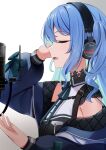  1girl absurdres arm_up blue_hair blue_jacket choker closed_eyes facing_to_the_side from_side hand_up headphones highres hololive hoshimachi_suisei jacket leo_(f_mmmnkm_paint) long_hair looking_ahead microphone neck_ribbon off_shoulder open_mouth pop_filter profile ribbon shirt sidelocks sleeveless sleeveless_shirt solo upper_body virtual_youtuber wavy_hair wire 