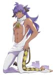  1boy abs absurdres bangs bare_arms bell closed_mouth clothes_lift clothing_cutout commentary_request dark-skinned_male dark_skin facial_hair frown full_body highres horns kneeling leggings leon_(pokemon) lifted_by_self long_hair male_focus navel pectorals pokemon pokemon_(game) pokemon_swsh purple_hair solo stirrup_legwear stomach_cutout sweater_vest toeless_legwear white_background white_sweater_vest yellow_eyes yunoru 