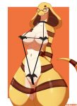  anthro batkini belly_scales blue_eyes breasts clothed clothing cobra eyewear female fora foxypew glasses hi_res mostly_nude navel reptile round_glasses scales scalie skimpy snake snake_hood solo thick_thighs wide_hips yellow_body yellow_scales 