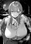  1girl blush breasts coat greyscale grin highres holding holding_clothes holding_coat ice_reizou large_breasts looking_at_viewer monochrome night night_sky open_clothes open_coat original outdoors park sky smile steam steaming_body sweatdrop upper_body 