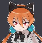  1girl alisa_southerncross animal_ears black_background black_necktie bow bowtie cat_ears closed_mouth extra_ears hair_ornament highres keroro_gunsou long_hair looking_at_viewer necktie orange_hair red_eyes shirt simple_background suspenders toriny twintails white_shirt 