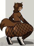  anthro big_butt butt canid canine canis clothed clothing commander_(commanderthings) commanderthings digital_media_(artwork) fishnet footwear fur girly hair hi_res huge_butt long_hair looking_at_viewer looking_back male mammal open_mouth partially_clothed rear_view shoes simple_background smug sneakers solo wolf 