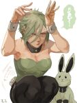  1girl bangs black_pantyhose blush breasts bunny_pose cleavage commentary_request detached_collar fake_tail feet_out_of_frame genderswap genderswap_(mtf) green_hair green_leotard higekiri_(touken_ranbu) hizamaru_(touken_ranbu) large_breasts leotard looking_at_viewer open_mouth pantyhose playboy_bunny rabbit rabbit_tail short_hair signature simple_background solo squatting strapless strapless_leotard tail touken_ranbu translation_request white_background wrist_cuffs yellow_eyes zi_tsas 