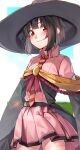  1girl bangs belt black_belt black_cape black_hair black_sleeves blunt_bangs blush cape collar hat highres kono_subarashii_sekai_ni_bakuen_wo! kono_subarashii_sekai_ni_shukufuku_wo! long_sleeves looking_at_viewer megumin necktie pink_collar pink_shirt pink_skirt pleated_skirt red_eyes red_ribbon ribbon sarasara_shoyu shirt short_hair_with_long_locks sidelocks skirt smile solo striped_necktie wide_sleeves witch_hat 