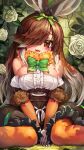  1girl :3 :d absurdres animal_ears bangs bare_shoulders blush bow bowtie breasts brick_wall brown_eyes brown_hair brown_skirt center_frills commentary elbow_gloves european_hare_(kemono_friends) feet_out_of_frame flower frills fur_collar gloves gradient_hair green_bow green_bowtie grey_hair hair_over_one_eye hair_ribbon high-waist_skirt highres kemono_friends large_breasts long_hair looking_at_viewer melaton multicolored_hair one_eye_covered open_mouth orange_pantyhose pantyhose rabbit_ears rabbit_girl ribbon rose shirt sitting skirt smile solo wariza white_flower white_rose white_shirt 