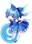  1girl bangs blue_bow blue_dress blue_eyes blue_footwear blue_hair bow circled_9 cirno detached_wings dress full_body hair_bow highres ice ice_wings looking_at_viewer one-hour_drawing_challenge shirt short_hair short_sleeves socks solo todomaki41 touhou v-shaped_eyebrows white_shirt white_socks wings 