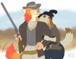  absurd_res anthro blue_eyes canid canine clinging clothing colored cowboy cowboy_hat cowboy_outfit cowgirl_outfit duo female flat_colors fur gun hand_holding handgun hat headgear headwear hi_res holding_object holding_weapon holstered_pistol julian_volkov lever_action lever_action_rifle male male/female mammal multicolored_body multicolored_eyes multicolored_fur mysticsabreonic ranged_weapon revolver rifle simple_background tail tail_motion tailwag trigger_discipline weapon zoey_starr 