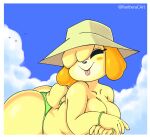  animal_crossing anthro big_breasts big_butt bikini bikini_bottom blush breasts butt canid canine canis clothed clothing cloud domestic_dog female hat headgear headwear hi_res isabelle_(animal_crossing) lying mammal nintendo on_front panthera_cantus sky smile solo swimwear tongue tongue_out topless 