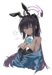  1girl animal_ears black_hair blue_archive blue_bow blue_bowtie blush bow bowtie breasts cleavage detached_collar earrings halo highres jewelry karin_(blue_archive) karin_(bunny)_(blue_archive) large_breasts long_hair looking_at_viewer off_shoulder playboy_bunny ponytail rabbit_ears solo spoken_blush stud_earrings sweat touhou90275 yellow_eyes 