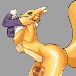  1:1 3_fingers absurd_res anthro armwear athletic bandai_namco big_breasts big_butt black_nose blue_eyes breasts bridal_gauntlets butt canid canine cheek_tuft chest_tuft clothed clothed/nude clothing countershade_torso countershading curvy_figure digimon digimon_(species) digital_drawing_(artwork) digital_media_(artwork) eyelashes facial_markings facial_tuft female fingers fluffy fox fur fur_markings grey_background head_markings hi_res kemono mammal markings neck_tuft nipples nude purple_body purple_clothing purple_fur renamon ribs shaded shoulder_tuft side_boob side_view simple_background slim solo solo_focus thick_thighs tomoe_(symbol) tuft white_body white_breasts white_fur wide_hips yellow_body yellow_breasts yellow_fur yellow_nipples zokoball 