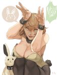  1girl bangs black_pantyhose blonde_hair breasts bright_pupils bunny_pose cleavage commentary_request dated_commentary detached_collar fake_tail feet_out_of_frame genderswap genderswap_(mtf) hair_between_eyes higekiri_(touken_ranbu) hizamaru_(touken_ranbu) large_breasts leotard looking_at_viewer open_mouth pantyhose playboy_bunny rabbit rabbit_tail short_hair simple_background smile solo squatting strapless strapless_leotard tail touken_ranbu translation_request white_background white_pupils wrist_cuffs yellow_eyes zi_tsas 