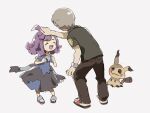  1boy 1girl acerola_(pokemon) ahoge black_hair black_pants child closed_eyes dress female_child grey_hair hand_on_another&#039;s_head happy headpat highres long_hair mimikyu nanu_(pokemon) open_mouth pants patchwork_clothes pokemon pokemon_(creature) pokemon_(game) pokemon_sm purple_hair sandals shirt short_hair t-shirt wristband yoyterra 