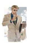  1boy animal_print bag blonde_hair blue_shirt bread collared_shirt cowboy_shot cup disposable_cup food formal goggles grey_pants groceries grocery_bag guttia holding holding_food jujutsu_kaisen lettuce long_sleeves looking_at_viewer male_focus nanami_kento necktie open_mouth pants shirt shopping_bag short_hair solo yellow_necktie 