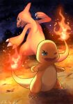  absurdres charmander charmeleon claws commentary_request fangs fire flame flame-tipped_tail green_eyes highres no_humans one_eye_closed open_mouth pokemon pokemon_(creature) standing tkc_(user_snjd8547) tongue 