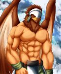  2022 abs absurd_res anthro armor avian barbaroi_(shining) beak biceps big_muscles biped bird brown_body brown_feathers chibikoma clothed clothing cloud digital_drawing_(artwork) digital_media_(artwork) feathers half-length_portrait headgear headwear hi_res humanoid hybrid male muscular muscular_anthro muscular_male pecs portrait sega shining_(sega) shining_force sky solo tan_body tan_skin topless topless_male wings 
