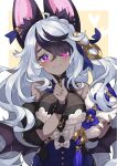  1girl :3 animal_ear_fluff animal_ears bangs bat_wings black_hair black_wrist_cuffs breasts closed_mouth colored_skin comiket_96 fang grey_skin hand_up index_finger_raised long_hair looking_at_viewer low_wings medium_breasts mole mole_under_eye multicolored_hair ni02_(asahi_nini) original pink_eyes skin_fang solo two-tone_hair upper_body white_hair wings wrist_cuffs 