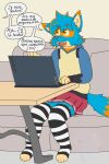  &ograve;w&oacute; anthro blue_body blue_fur bottomwear canid canine canis clothing computer domestic_dog fennecat_(artist) footwear fur furniture generation_4_pokemon girly hi_res hoodie laptop lucario male mammal nintendo orange_spots owo pokemon pokemon_(species) skirt socks sofa solo spanish_text speech_bubble spots table text topwear watermark yellow_eyes 