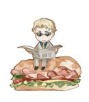  1boy animal_print blonde_hair blue_shirt bread brown_footwear chibi collared_shirt food formal goggles grey_suit guttia holding holding_newspaper jujutsu_kaisen long_sleeves looking_at_viewer lowres male_focus nanami_kento necktie newspaper sandwich shirt short_hair sitting solo suit 