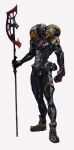  1boy armor axe black_armor character_request clenched_hand full_body godai_yusuke grey_footwear highres holding holding_polearm holding_weapon mask original polearm power_armor power_suit simple_background solo standing weapon white_background 