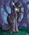  2018 absurd_res black_hair black_tail blue_eyes cloven_hooves digital_drawing_(artwork) digital_media_(artwork) equid equine female feral fetlocks forest forest_background frown full-length_portrait fur grey_body grey_fur hair hi_res hooves horn looking_at_viewer mammal messy_hair nature nature_background no_pupils oleander_(tfh) omnisimon11 plant portrait purple_hooves scenery snow snowing solo tail them&#039;s_fightin&#039;_herds tree unicorn 