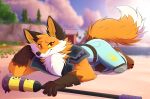  2023 anthro black_nose canid canine cheek_tuft claws clothed clothing digital_media_(artwork) dipstick_tail epic_games facial_tuft feet fennix_(fortnite) fortnite fox fur gloves handwear hi_res holding_object jumpsuit knee_pads leo-wolf lying male mammal markings on_front on_sand orange_body orange_eyes orange_fur sand solo tail tail_markings teeth toe_claws tuft yellow_sclera 