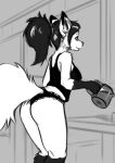  2021 anthro biped breasts butt canid canine clothed clothing female foxovh fur hair hi_res holding_coffee_pot inside long_hair mammal monochrome panties pantsless ponytail rear_view sketch solo standing tail topwear underwear 