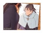  2boys black_clover black_hair black_shirt broken_mirror closed_eyes closed_mouth high_ponytail lightningstrikes long_sleeves looking_at_another looking_at_mirror male_focus mirror mirror_image morgen_faust multiple_boys nacht_faust shirt smile twitter_username 