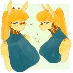  &lt;3 anthro big_breasts blonde_hair blue_eyes blush breasts brown_spots cat_pepper clothing digital_media_(artwork) eyelashes female giraffe giraffid hair hi_res long_hair looking_at_viewer mammal narrowed_eyes one_eye_closed ponytail puckered_lips shirt side_view simple_background smile solo spots spotted_body sweater topwear wink yellow_body 