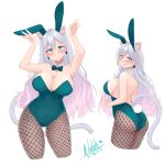  1girl absurdres animal_ears blush breasts bunny_pose cat_ears cat_girl cat_tail chinese_zodiac cleavage dated earrings english_commentary fishnet_pantyhose fishnets green_eyes green_leotard grey_hair highres hiiragi_emuri jewelry large_breasts leotard long_hair multiple_views mythic_live natch_imaycz open_mouth pantyhose playboy_bunny rabbit_ears rabbit_tail signature simple_background tail virtual_youtuber white_background year_of_the_rabbit 